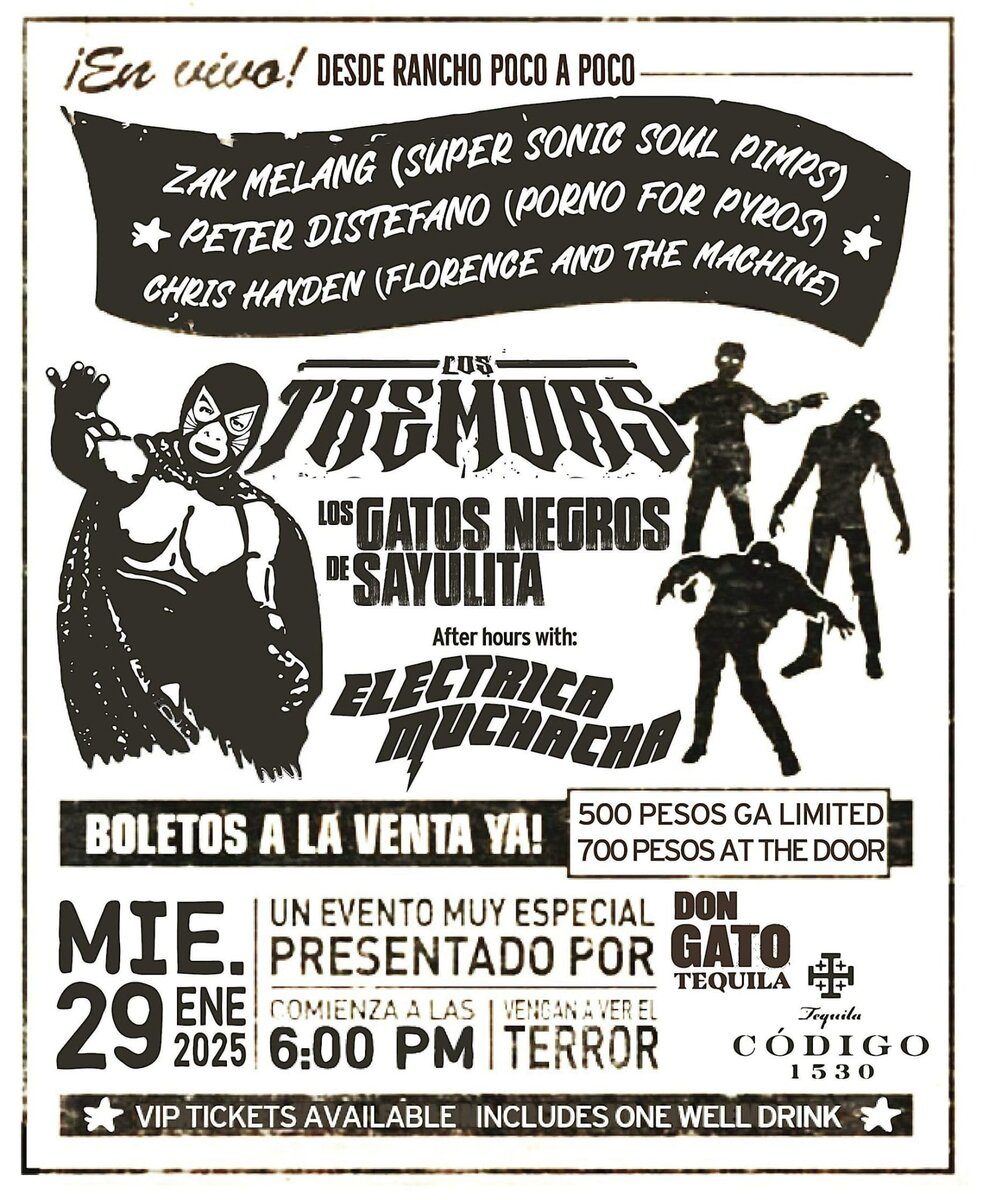 Official concert poster for The Tremors at Rancho Poco a Poco — Los Gatos Negros de Sayulita and Eléctrica Muchacha — January 29 2025